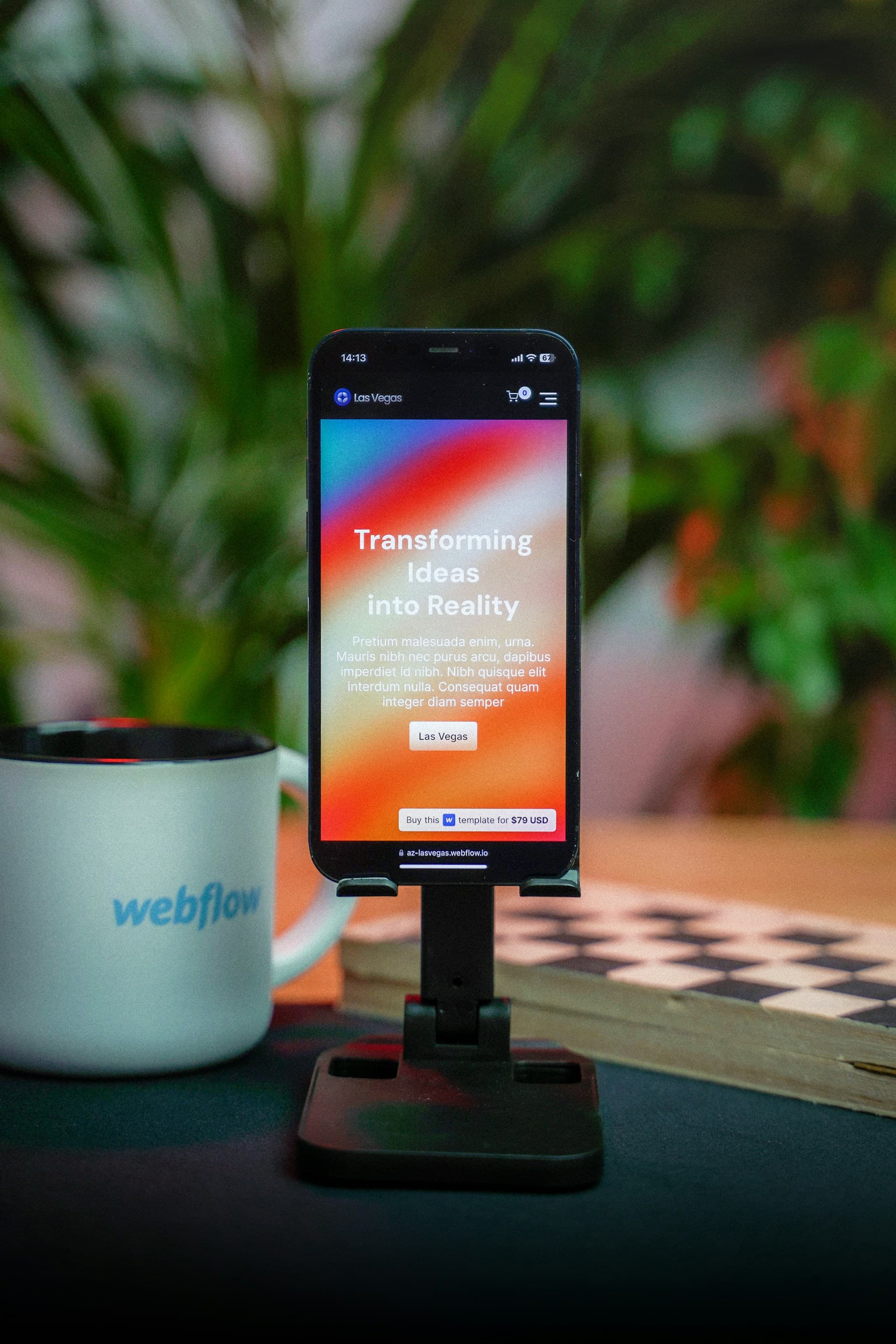 Close shot of an Iphone showcasing a webflow template